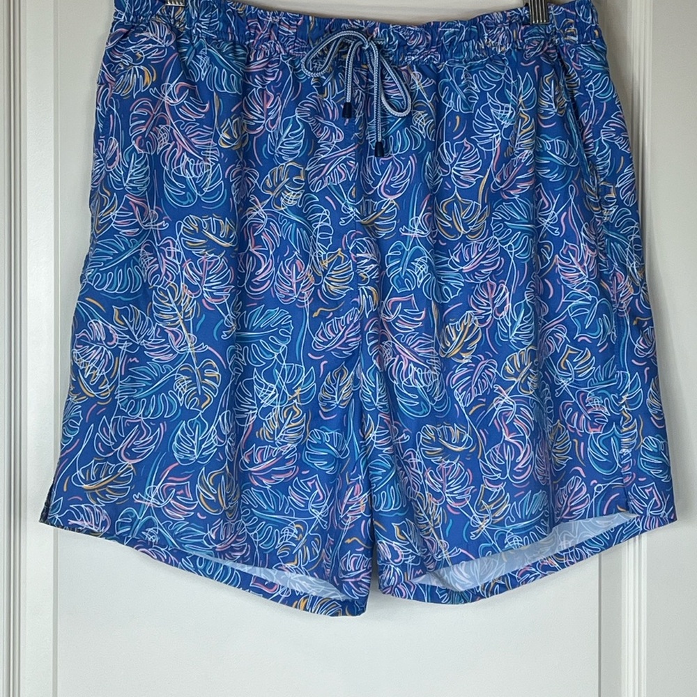 Blue Leaf Print Swim Shorts